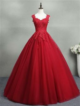 Picture of Gorgeous Red Color Ball Gown Sweet 16 Gown, Red Color Tulle with Lace Applique Party Dress